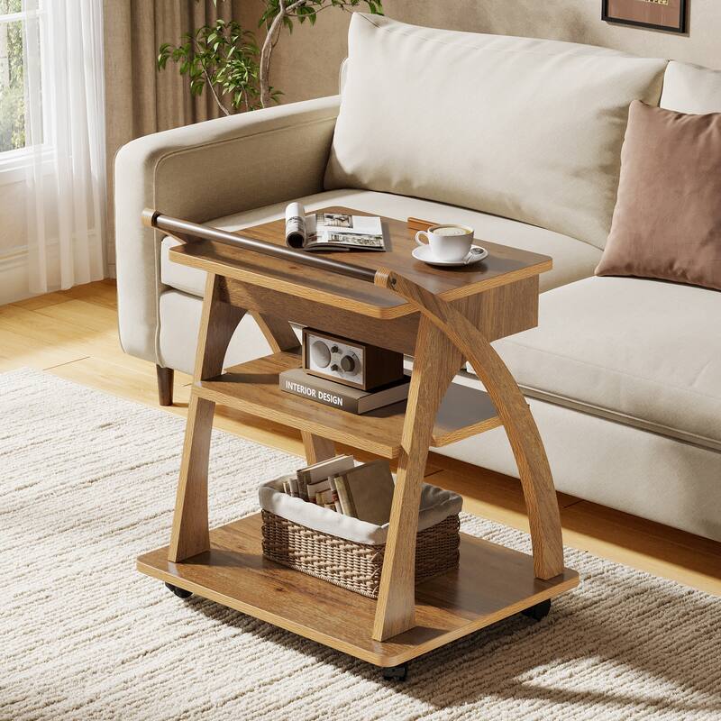 End Table with Wheels, Side Table for Couch with Adjustable Tabletop - Brown