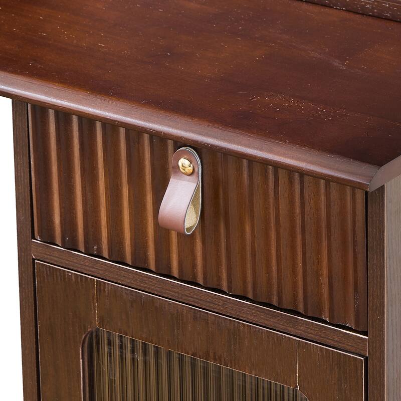 Mid-Century Modern Makeup Vanity Desk Set Includes Dressing Table & Stool, Sliding Makeup Mirror with 3-Color LED Light, Walnut