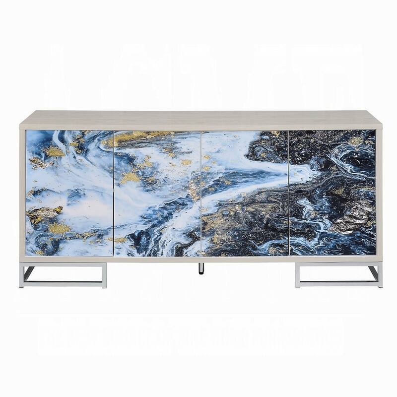 Sideboard Console Cabinet, 4 Door, 65 Inch Blue Marble Paint, White