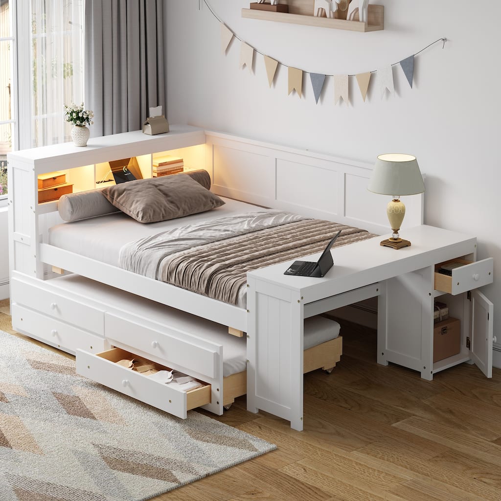 Bookcase Storage Bed, Full Size Daybed with Storage Shelves, Drawers, Trundle, Charging Station, Light, Desk and Cabinet