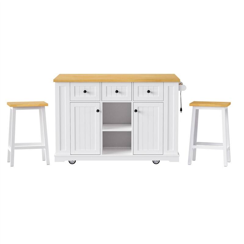 3-Piece/1 Piece Kitchen Island Set with/without 2 Bar Stools, Kitchen Cart on Wheels with 3 Drawers, Drop Leaf & Open Side Racks