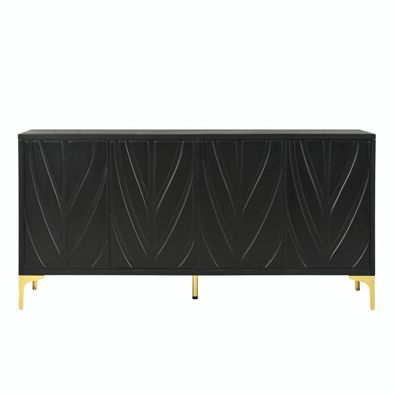 60" Carved Credenza Storage Cabinet, Handleless Press-to-Open Sideboard with 4 Doors