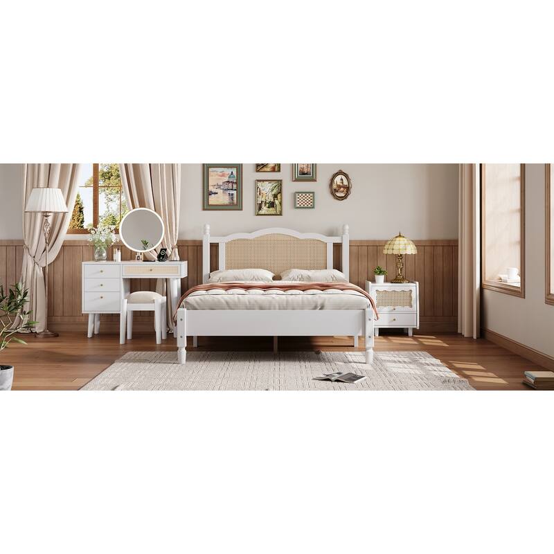 Full Size Wooden Platform Bed with Natural Rattan Headboard, Minimalist Design, No Box Spring Needed, 400 lbs Weight Capacity