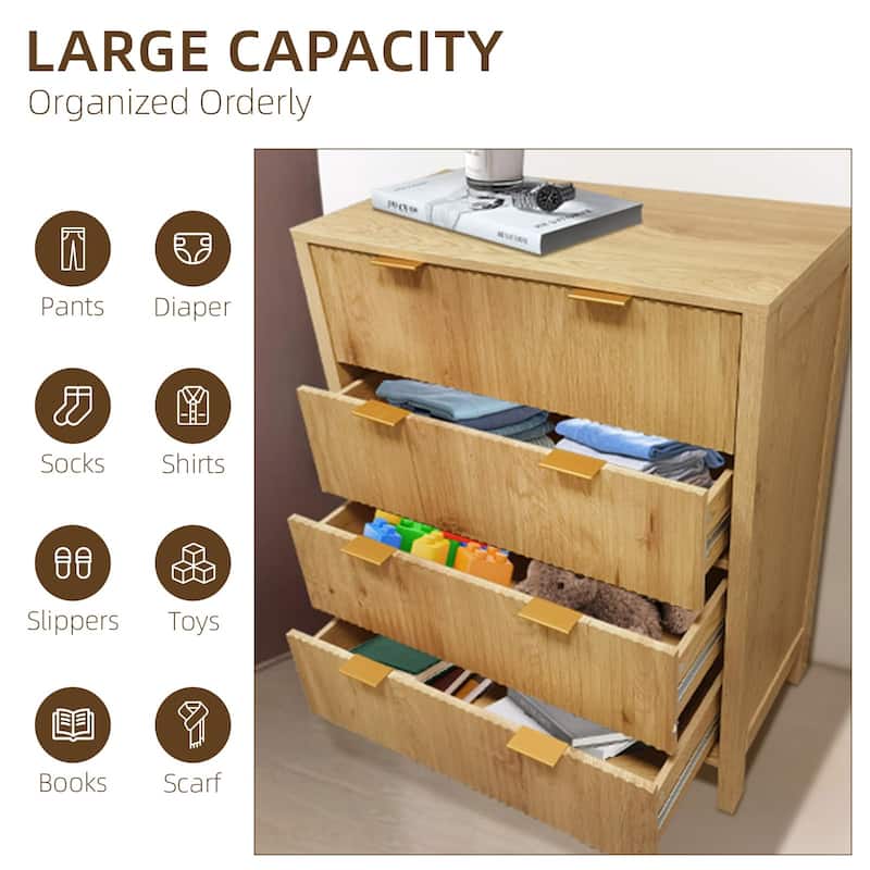 4 Drawer Fluted Dresser for Bedroom, Modern Wood Chest with Gold Handles, Narrow Storage Cabinet or TV Stand