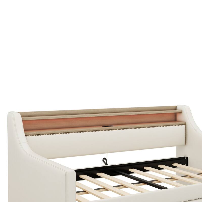 Twin Size Upholstered Daybed with Storage Drawers, Charging Station, and LED Lights, Beige