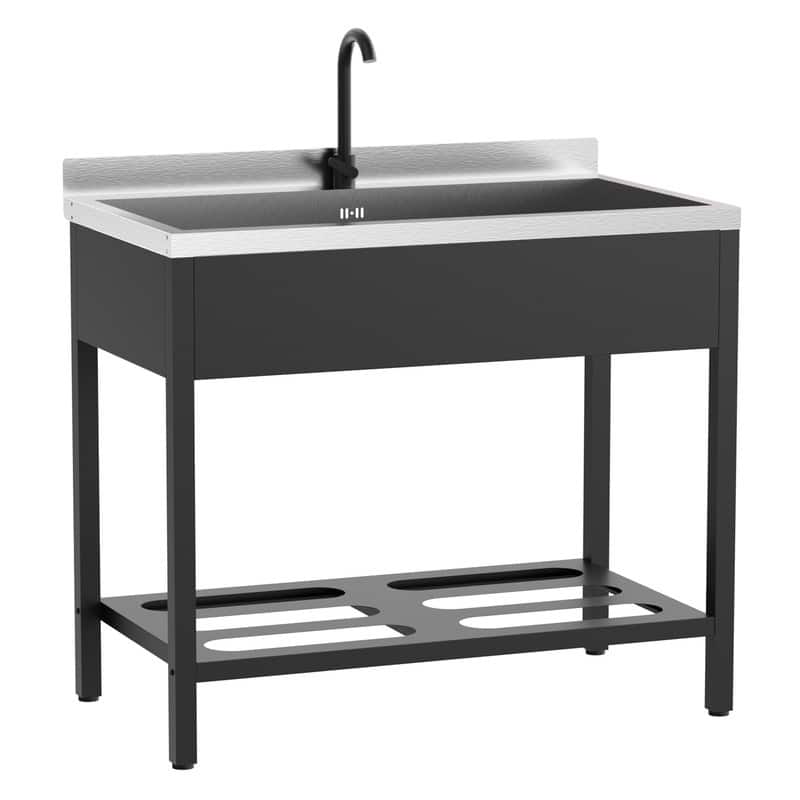 41.7 In. Freestanding Stainless Steel Utility Sink With Towel Rack And Storage Shelf - Silver