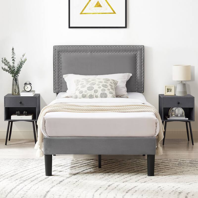 VECELO 3-Pieces Upholstered Platform Bed Frame with Adjustable Headboard and Nightstands Set of 2, Grey - Grey - Twin