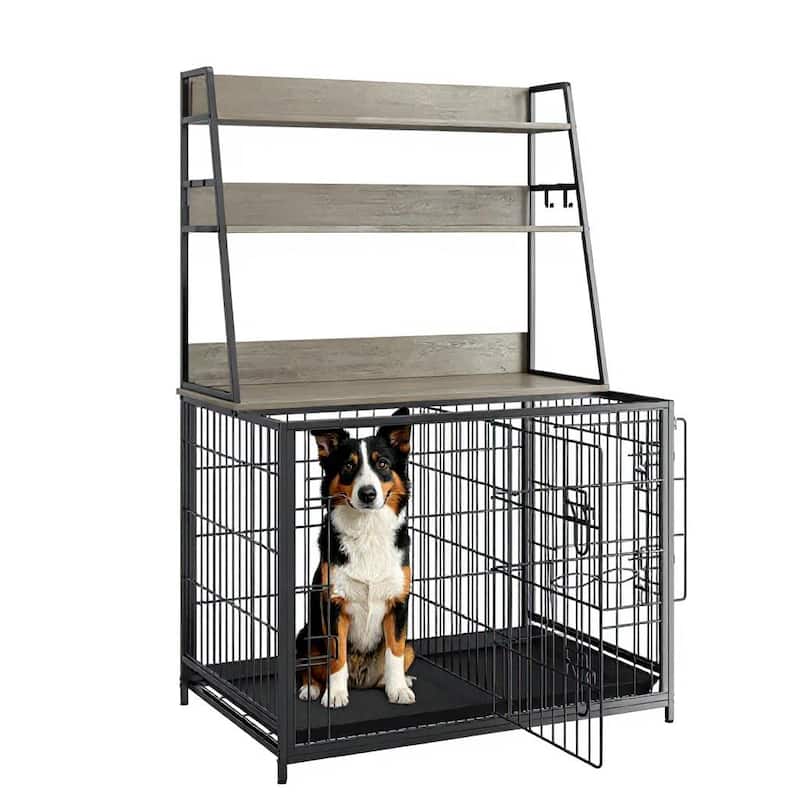 Heavy Duty Dog Crate Furniture, Adjustable Bowls, with 3 Shelves - Grey