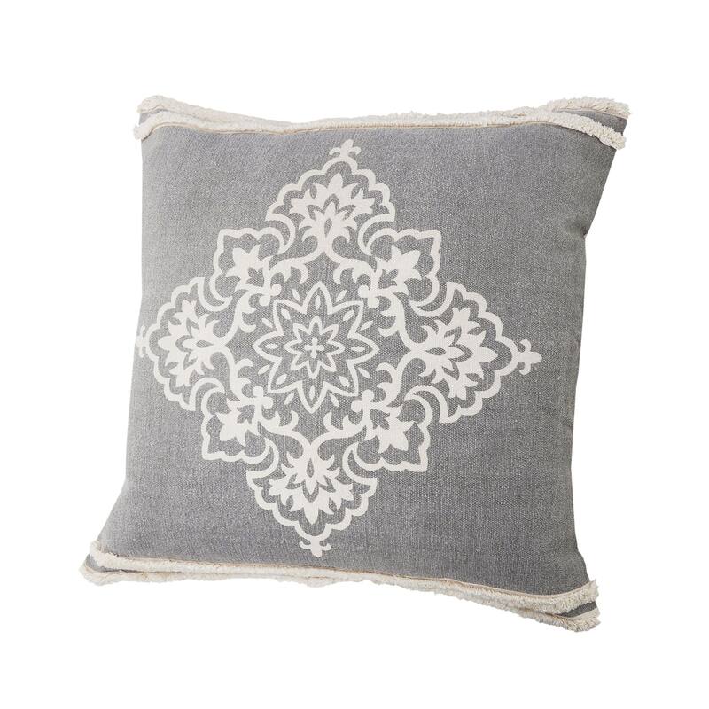 24" Gray and White Floral Medallion Square Throw Pillow