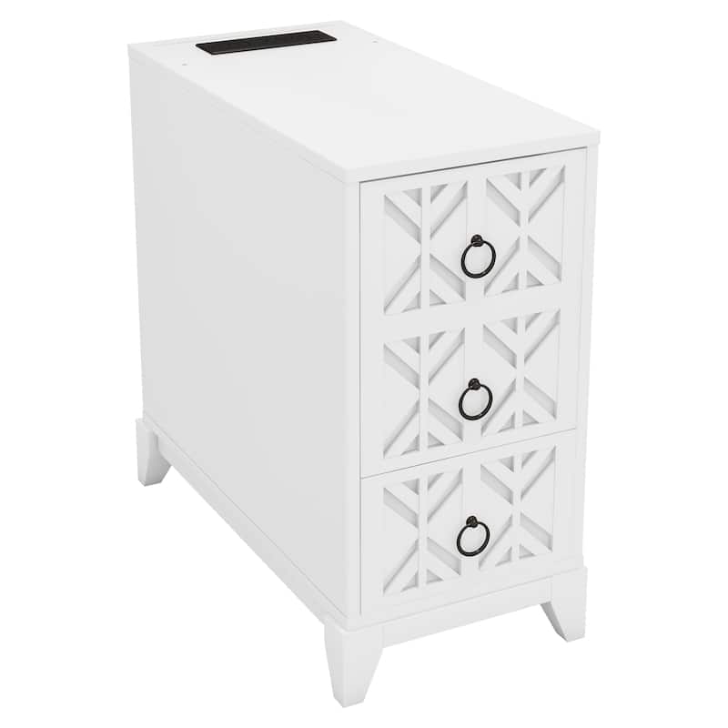 White Side Table Slim Nightstand Lamp Table with Drawers, File Cabinet Dressing Table Corner Table with Open Shelves
