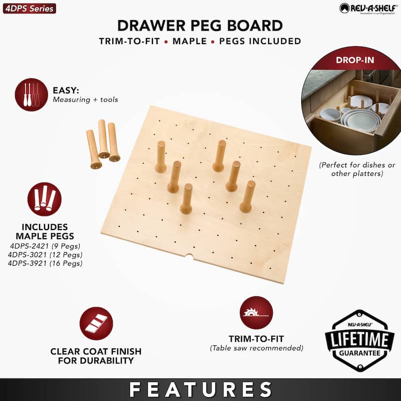 Rev-A-Shelf 24x21" Trimmable Pegboard Drawer Organizer with 9 Pegs, 4DPS-2421