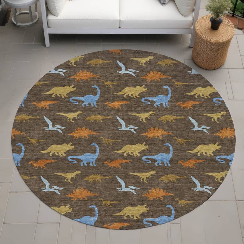 Machine Washable Indoor/ Outdoor Modern Dinosaur Chantille Rug - Chocolate - 8' x 8'