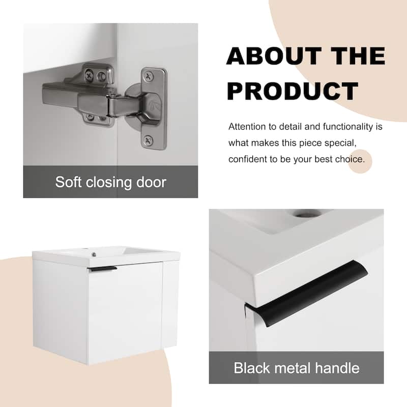 BNK 24"/48" Single Sink Bathroom Vanity with Soft Close Door and Shelf, Modern Floating Vanity