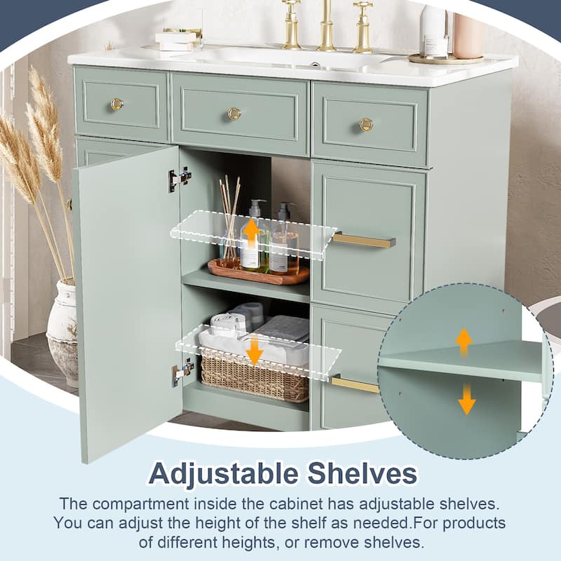36" Bathroom Vanity with Ceramic Sink,Solid Wood Frame
