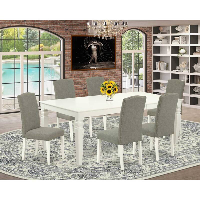 French Country Kitchen Table Set - 7Pc Rectangle Dining Table with 6 Chairs - Linen White Legs