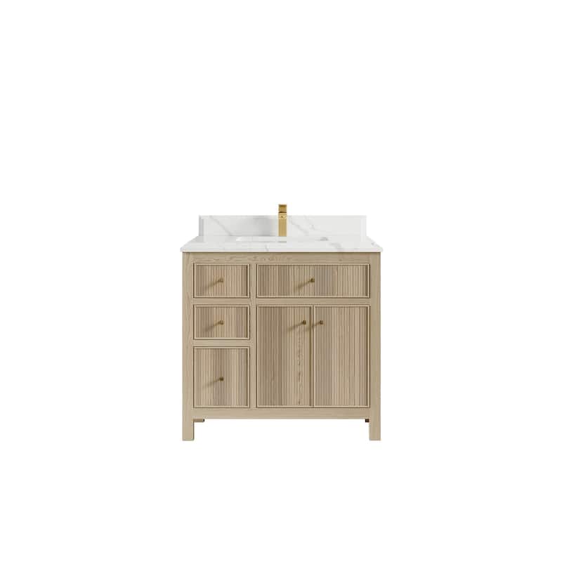 Willow Collections 36 x 22 Sonoma Oak Wood Center Sink Right Bathroom Vanity with Quartz or Marble Countertop