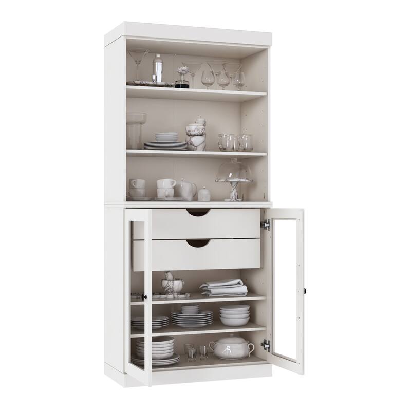 100% Solid Wood Kitchen Pantry Cabinet with 2 Clear Glass or Solid Wood Doors and 2-Drawer Organizer by Palace Imports