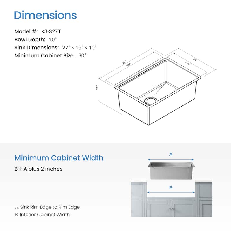 27" Handcrafted 316 Stainless Steel Single Bowl Workstation Undermount Kitchen Sink