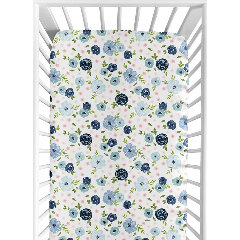 Floral Collection Girl Jersey Knit Fitted Crib Sheet Navy Blue and