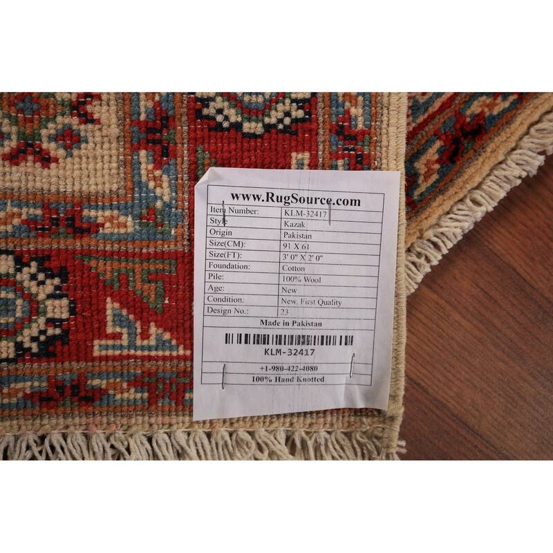 Geometric Kazak Oriental Foyer Rug Hand-Knotted Beige Wool Carpet - 2'0" x 3'0"
