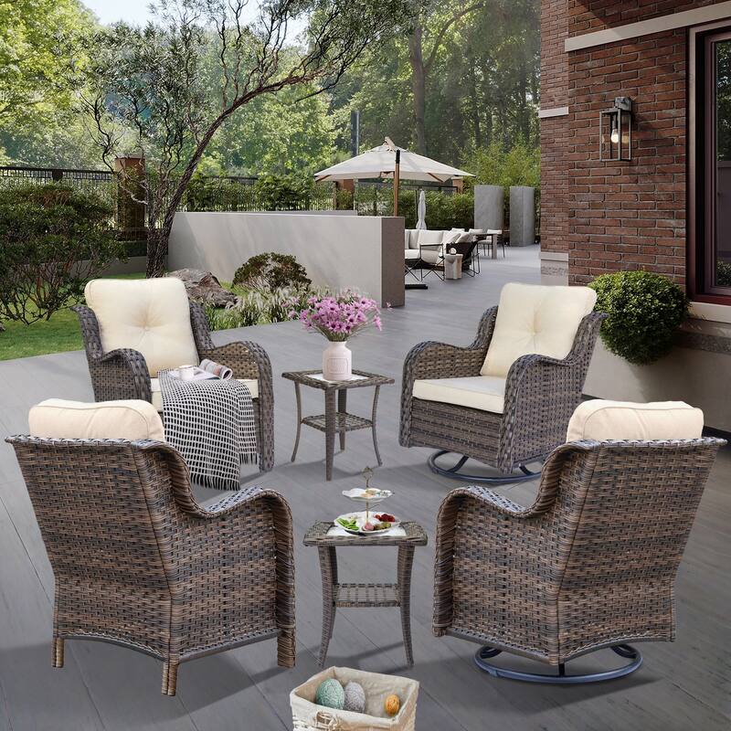 6 Piece Outdoor Rattan Wicker Patio Furniture Seating Swivel Chair Set - Cream