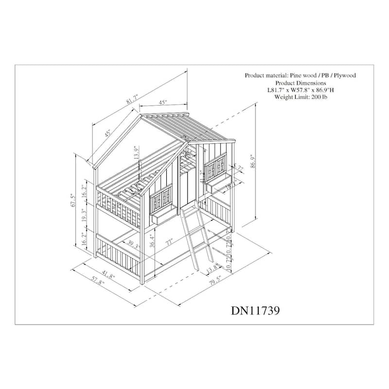 Twin over Twin House Bunk Bed with Roof , Window, Window Box, Door , with Safety Guardrails and Ladder, Grey