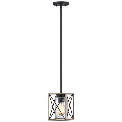 Black and Distressed Faux Wood Rustic Farmhouse Mini Pendant Island Light with Cage Design and Seeded Glass Shade - 53"HMAX