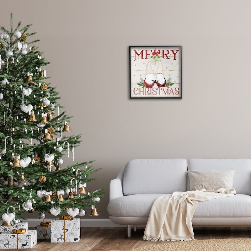 Stupell Merry Christmas Holiday Phrase Gnomes Under Mistletoe Framed Wall Art,12x12