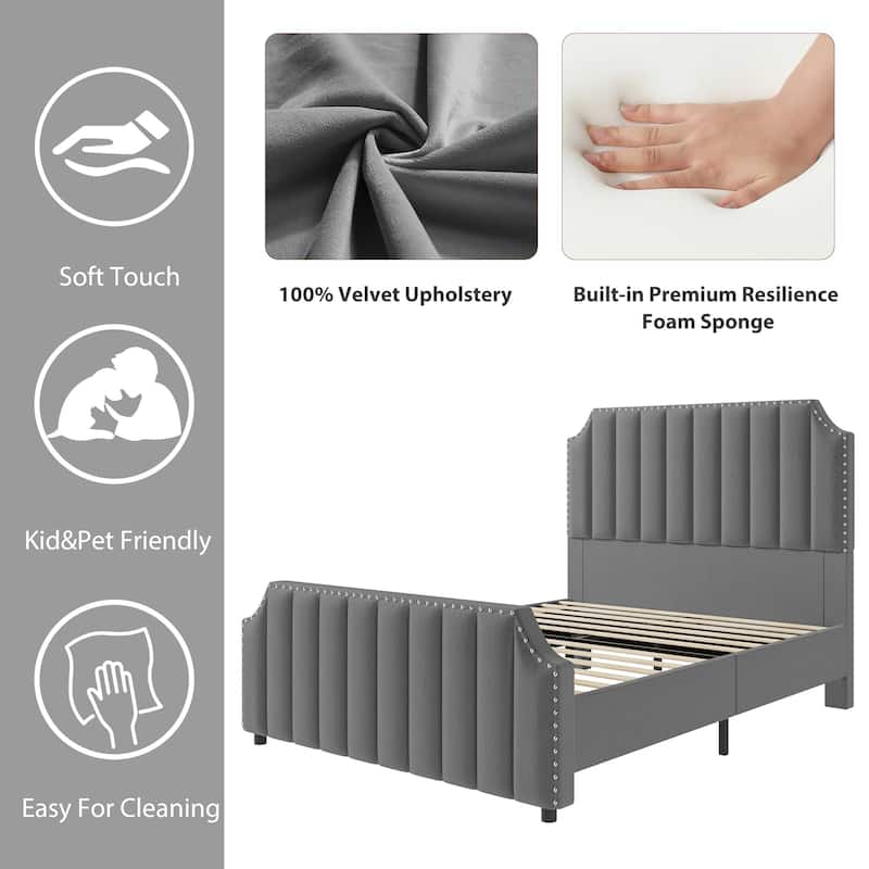 Velvet Upholstered Bed Frame with Headboard and Footboard