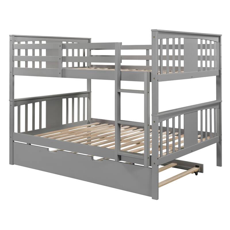 Full Bunk Bed with Twin Trundle, Wood Frame, Safety Rails, and Ladder