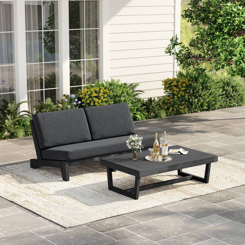 3 Seat Wood 64" W Cushioned Outdoor Patio Sofa with Coffee Table