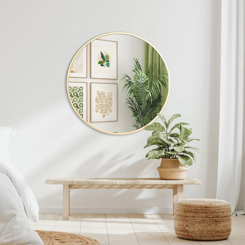 32 Inch Silver Metal Framed Round Bathrrom Mirror for Wall - Gold