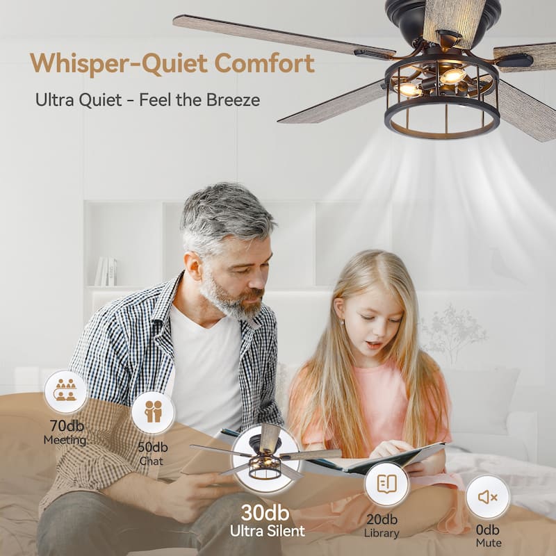 52 Inch Black Flush Mount Ceiling Fan with Lights Remote Control