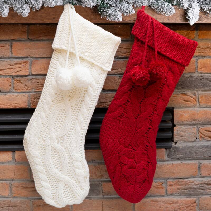 Glitzhome Set of 2 Knitted Christmas Stocking White or Red with Pom Pom Ball - White & Red