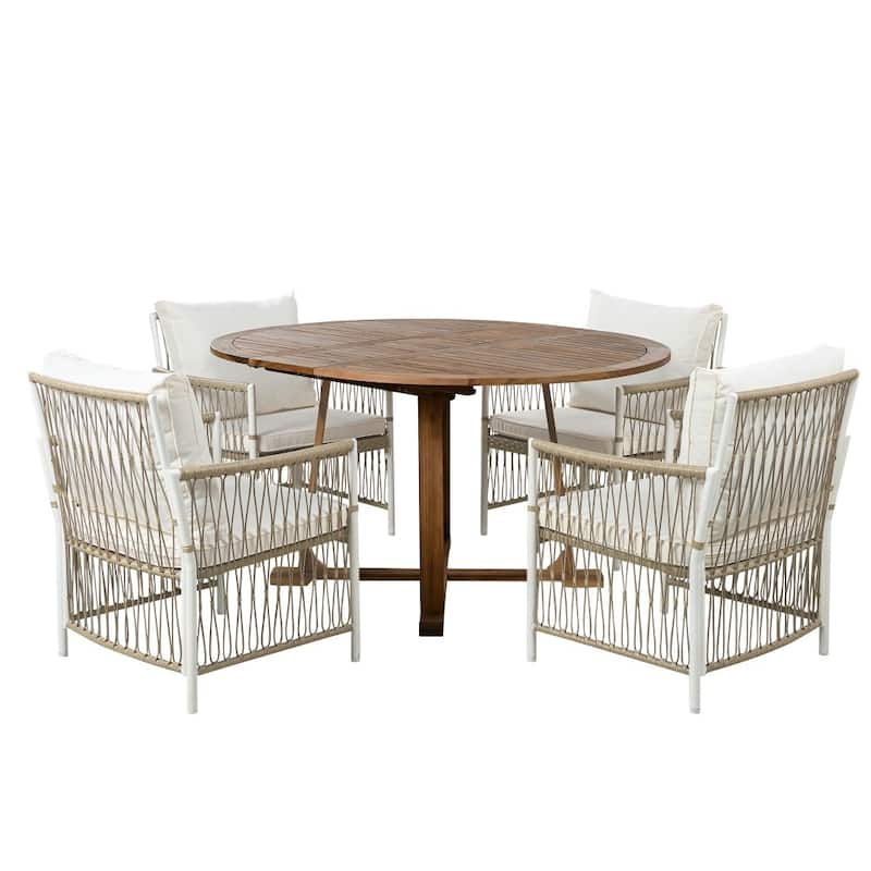Patio 5-piece Wooden Dining Set with 12 inch Butterfly Leaf Foldable Round Table