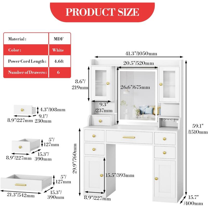 Makeup Vanity Desk with Mirror, LED Lights Dressing Table with Power Outlet