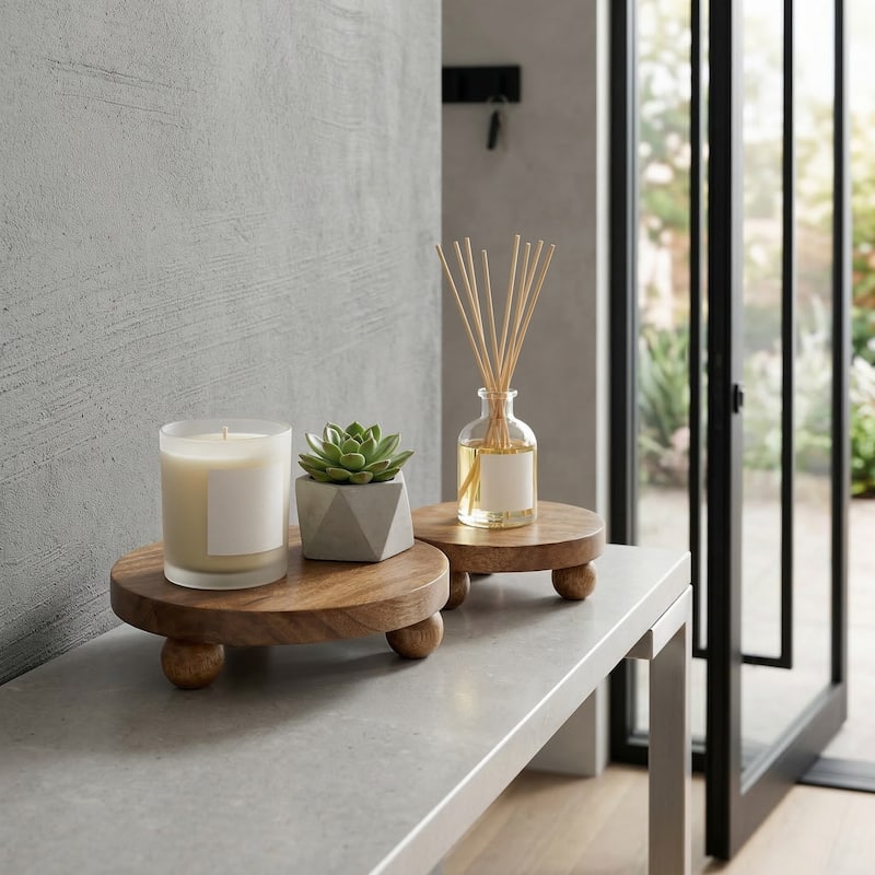 Decorative Round Wood Riser Trays - Set of 2, 10", 8" - 10.0"