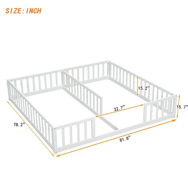 White Double Twin Size Pine Wood Floor Bed with Fence, Guardrails, without door
