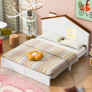 Full Size Wood Platform Bed with LED-Lit House Headboard - Modern and Unique