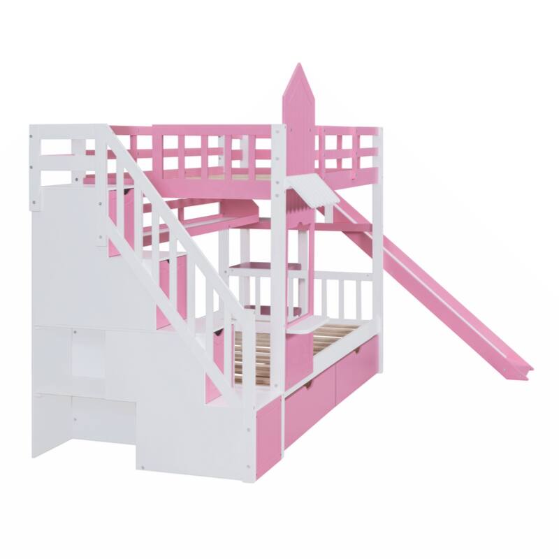 Twin-Over-Twin Castle Style Bunk Bed with 2 Drawers 3 Shelves and Slide