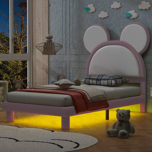 slide 2 of 8, Twin Size Upholstered Platform Bed with Cartoon Ears Shaped Headboard and LED White&Pink
