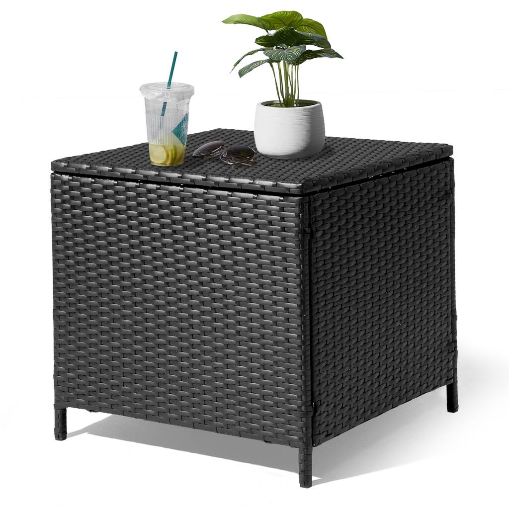 Outdoor PE Wicker Side Table with Storage Patio Rattan End Table Square Container for Toys Furniture - 20.9 x 20.9 x 19.7