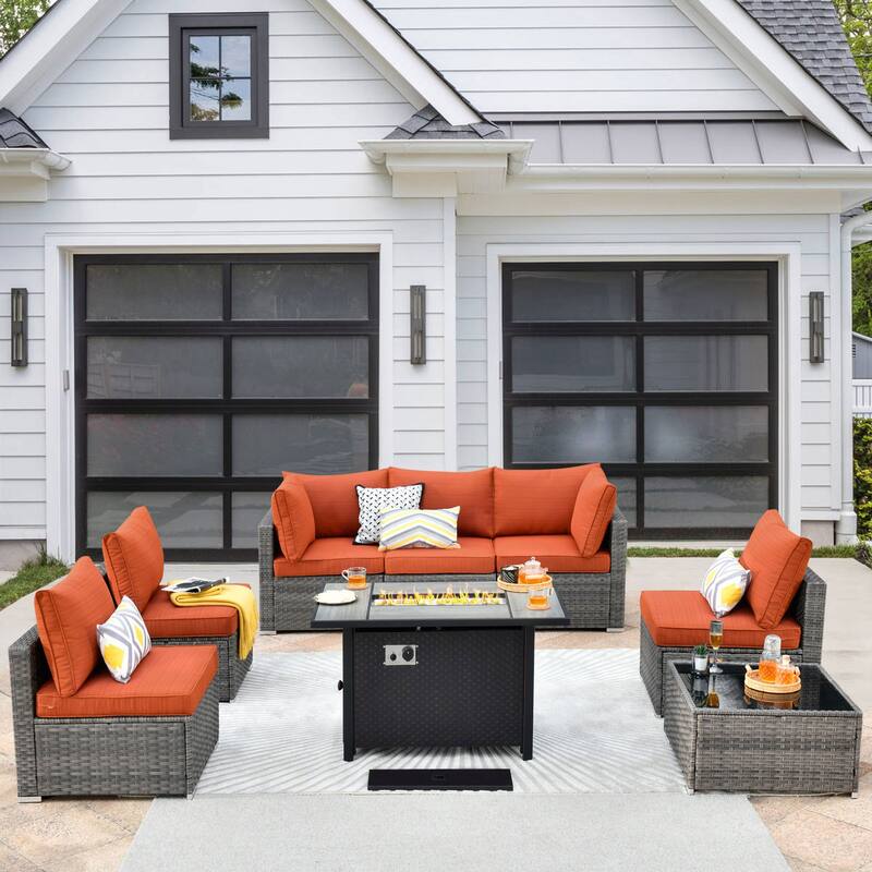 XIZZI 8-piece Patio Wicker Furniture Sectional Set with Firepit - Red/Orange