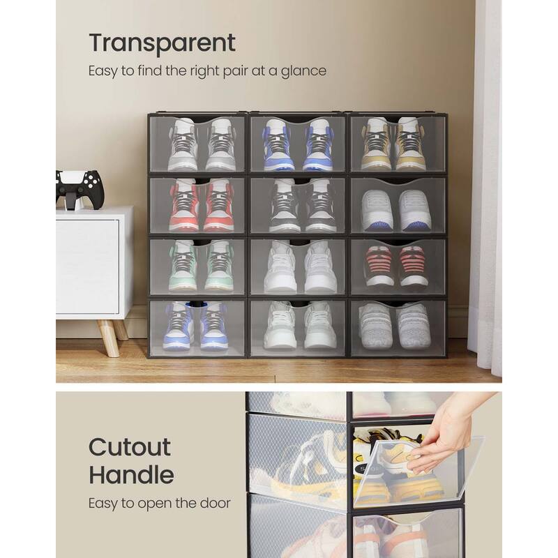 12 Pack Clear Plastic Stackable Shoe Boxes with Doors and Cutout Handles for Closet Storage - 9.1”L x 13.1”W x 5.6”H