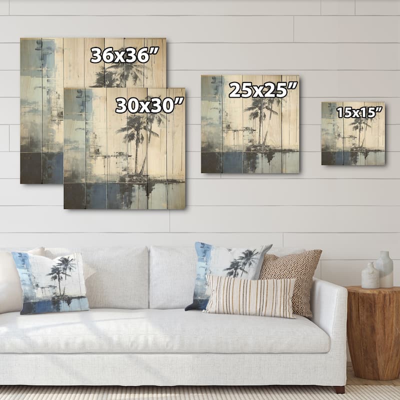 DESIGN ART "Tropical Blue And Grey Palmtree Collage" Coastal Wall Art Grey Wood Panel On Natural Pine Wood