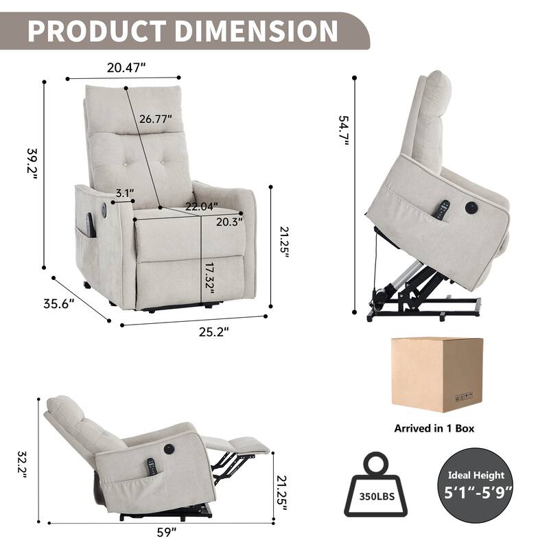 Chenille Single Motor Power Lift Recliner Chair with Massage and Heat for Elderly, Heavy Duty Motion Mechanism and One USB