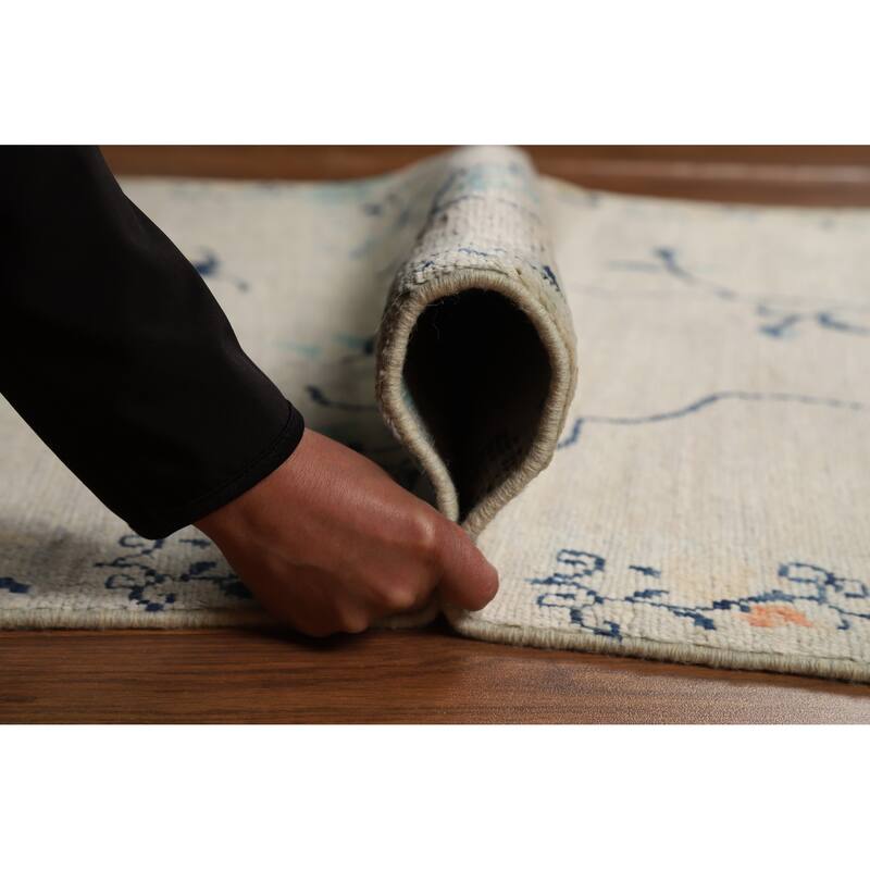 Hand Knotted Oriental 100% Wool Carpet Traditional Floral Beige & Ivories Art Deco Runner Rug - 14' 4'' X 4' 0''