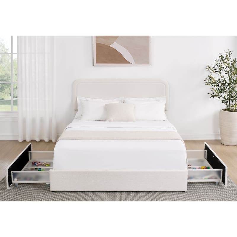 Queen Size Ivory Boucle Upholstered Platform Bed with 2 Built-in Dust-Proof Drawers and Tufted Headboard