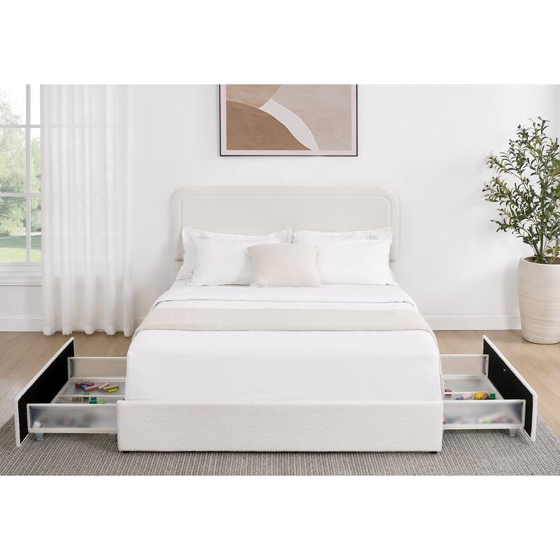 Queen Size Ivory Boucle Upholstered Platform Bed with 4 Storage Drawers, Adjustable Headboard, Wooden Slat Support