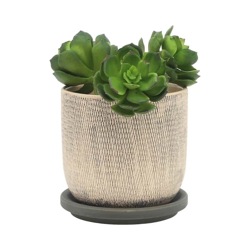 Mesh Cearmic Planters with Saucers- 6" - Gray and Beige - Set of 2